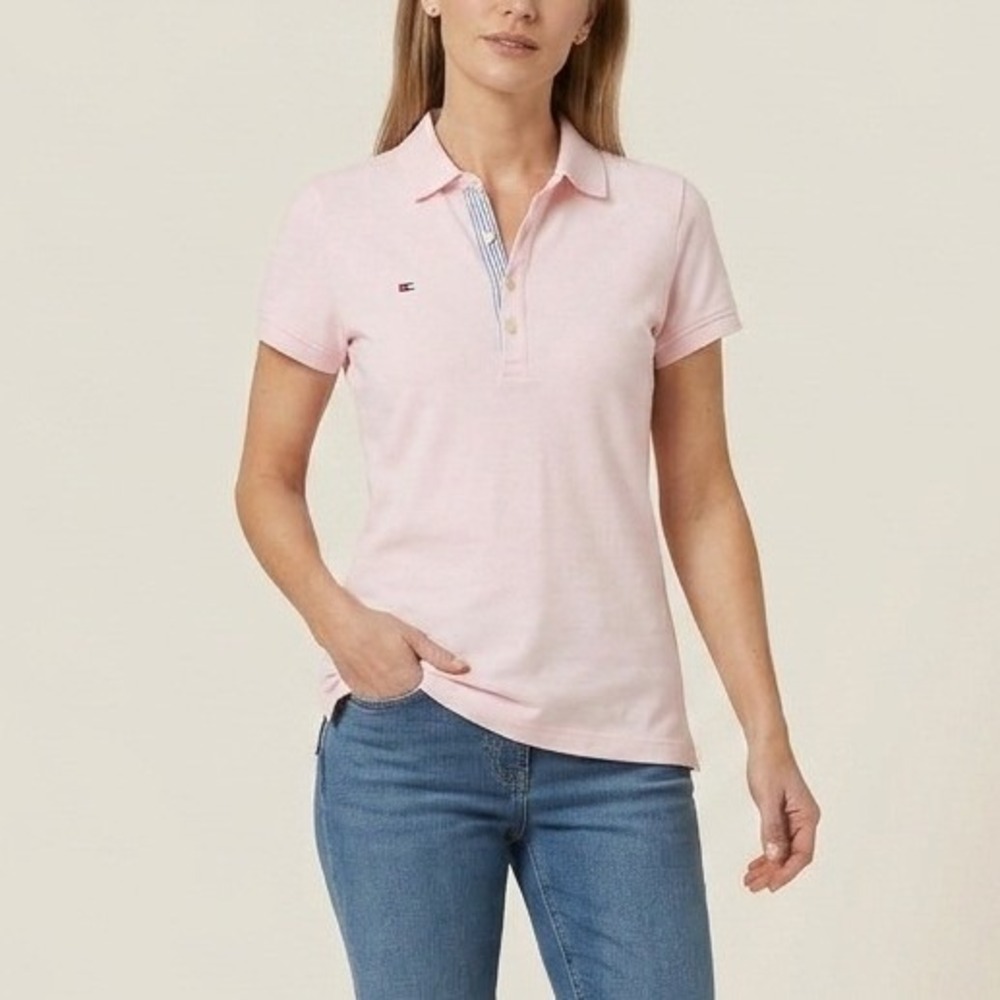 Tommy Hilfiger Slim Fit Polo Shirt Womens Small Baby Pink Short Sleeve Logo